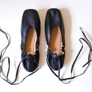 Asra black leather tie up ballerina flats